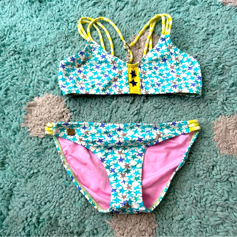 Agatha Ruiz De La Prada Bikini Swim Top Bottoms Yellow Aqua Blue Star Strappy 14